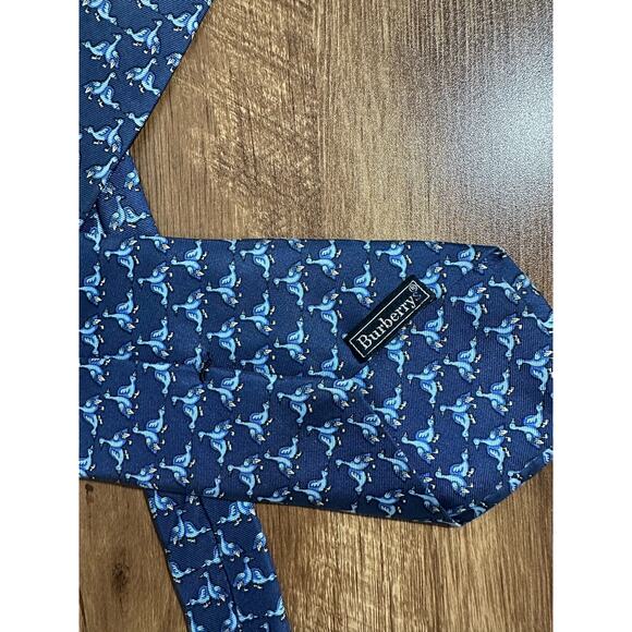 Vintage Men's Burberry Hand Made Blue Silk Duck Check Tartan Neck Tie - Picture 2 of 3